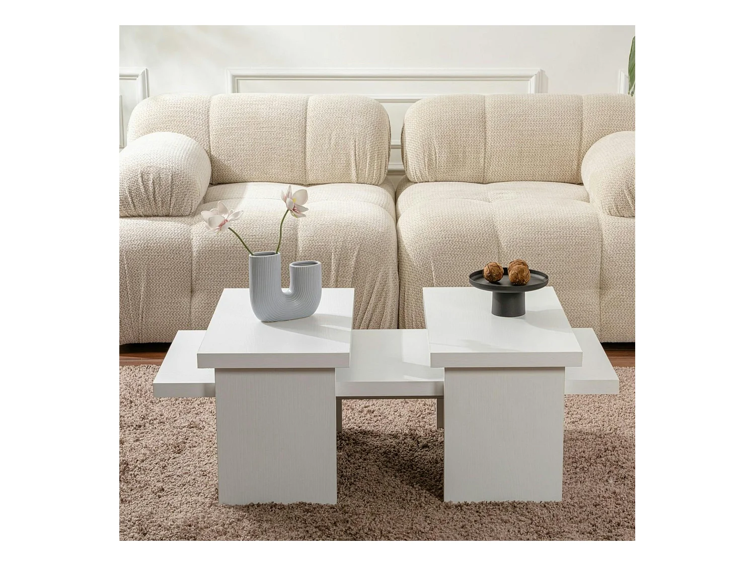 Table basse gigogne design – effet bois blanc (3 pièces) MARFA