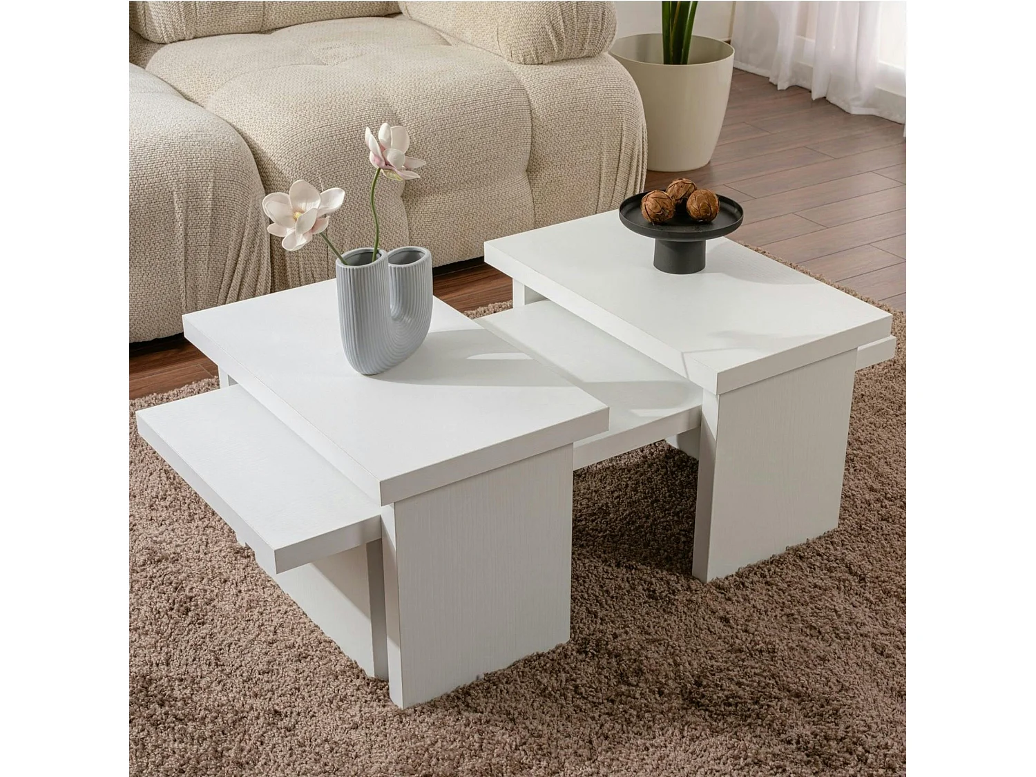 Table basse gigogne design – effet bois blanc (3 pièces) MARFA