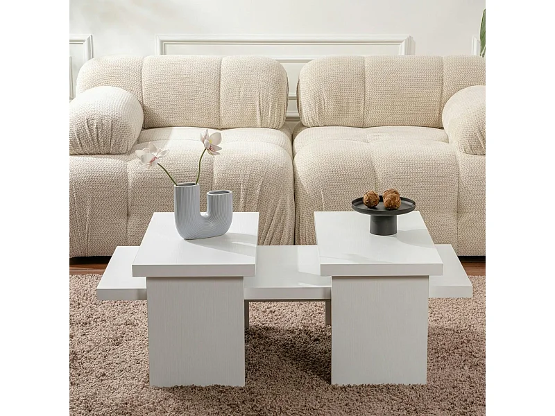 Table basse gigogne design – effet bois blanc (3 pièces) MARFA