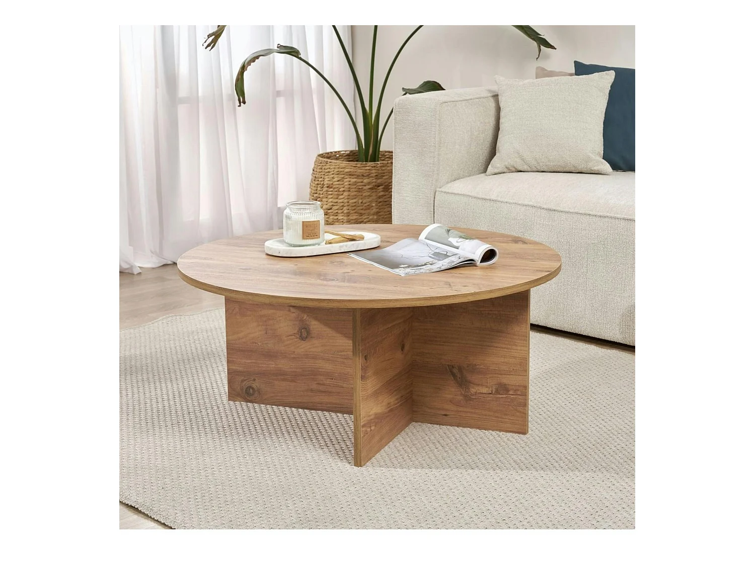 Table basse ronde minimaliste - effet bois de pin MARFA