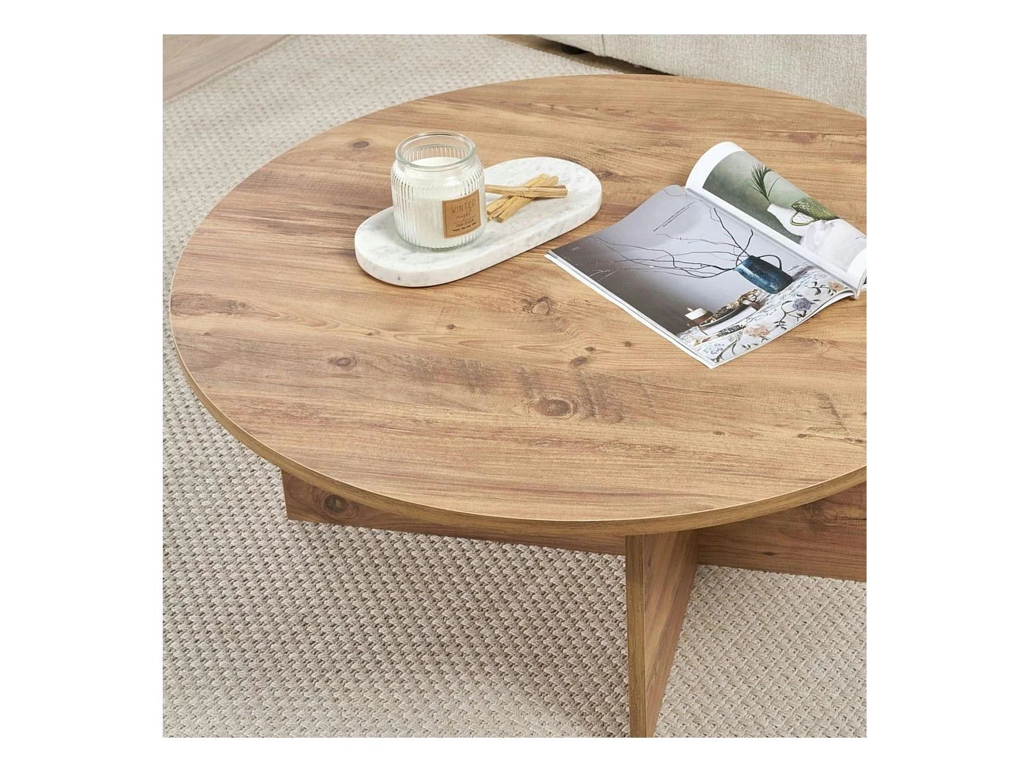 Table basse ronde minimaliste - effet bois de pin MARFA