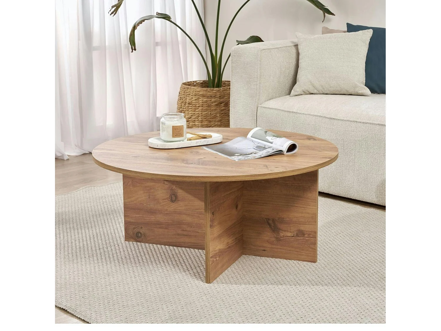 Table basse ronde minimaliste - effet bois de pin MARFA