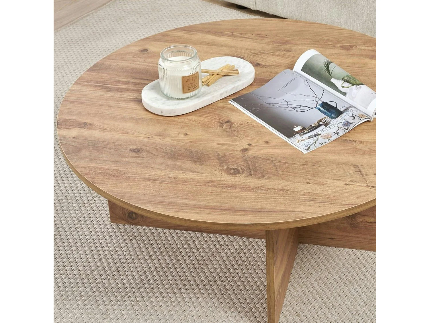 Table basse ronde minimaliste - effet bois de pin MARFA