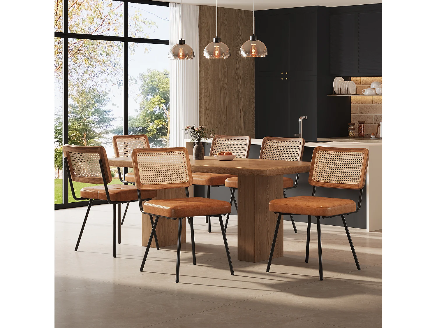 Chaise de salle à manger en simili cuir (6 pièces), fauteuil lounge en rotin, chaise ergonomique légère avec design rétro(61x46x79 cm)