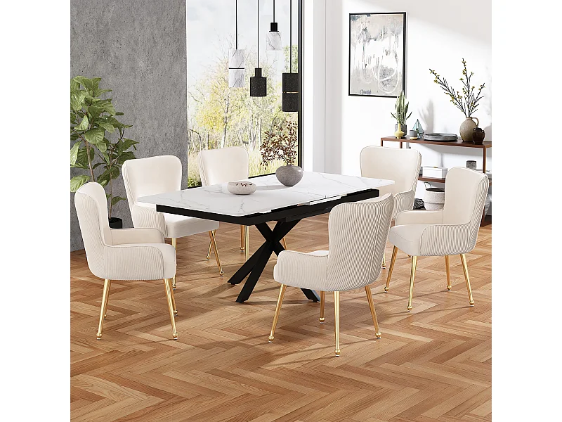 Beige fluwelen eetkamerstoel set van 6 met armleuningen, gouden metalen poten, lendensteun, verstelbare poten (69x58,5x56 cm)