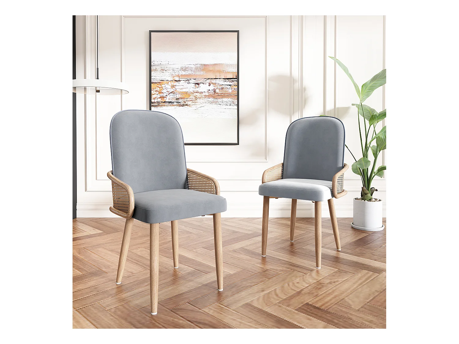 Set de 6 chaises de salle à manger en velours, Design Rattan, Métal, Gris, (61x59.5x52 cm)