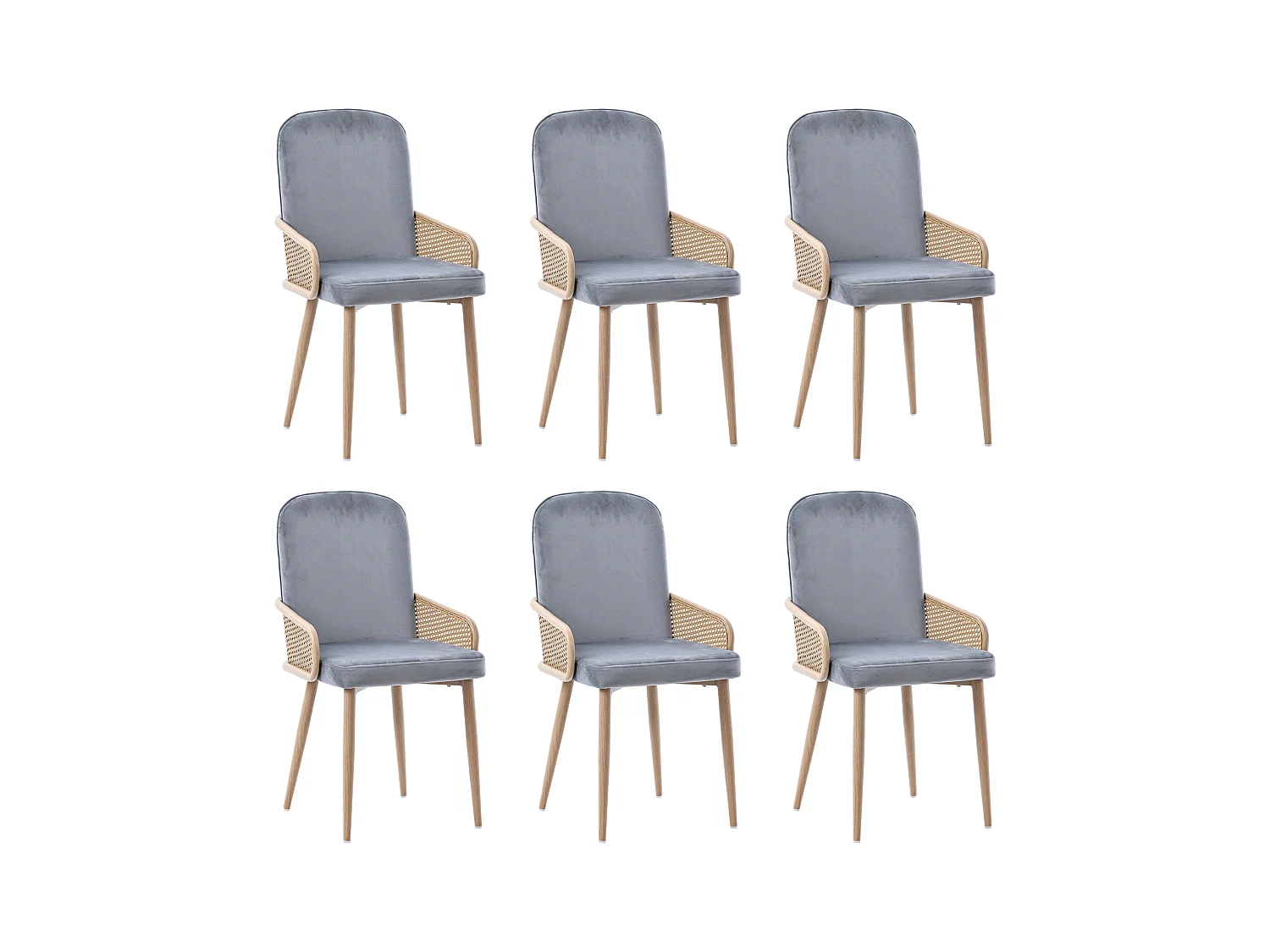 Set de 6 chaises de salle à manger en velours, Design Rattan, Métal, Gris, (61x59.5x52 cm)