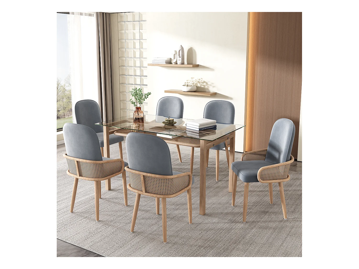 Set di 6 sedie da pranzo in velluto, design in rattan, metallo, grigio, (61x59,5x52 cm)