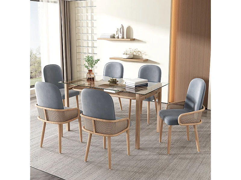 Set de 6 chaises de salle à manger en velours, Design Rattan, Métal, Gris, (61x59.5x52 cm)