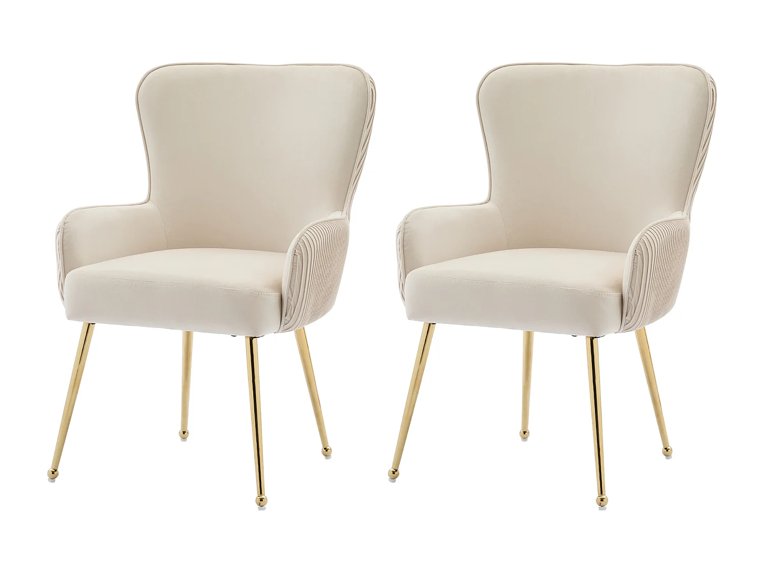 Chaise de salle à manger en velours beige, 2 pièces, avec accoudoirs, pieds métalliques dorés, soutien lombaire, pieds réglables (69x58.5x56 cm)