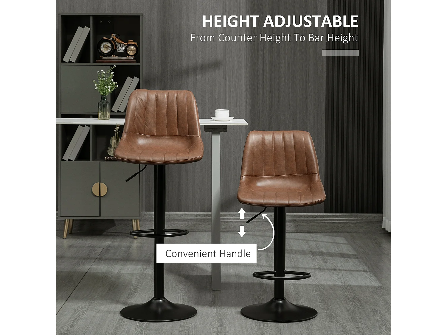 Set van 2 verstelbare barkrukken, imitatieleer, staal, bruin (43x49,5x91-111cm)