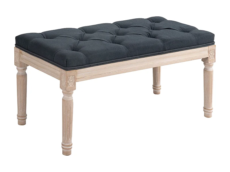 Banc vintage en lin, avec boutons décoratifs, pieds en bois, gris (80x40x43 cm)