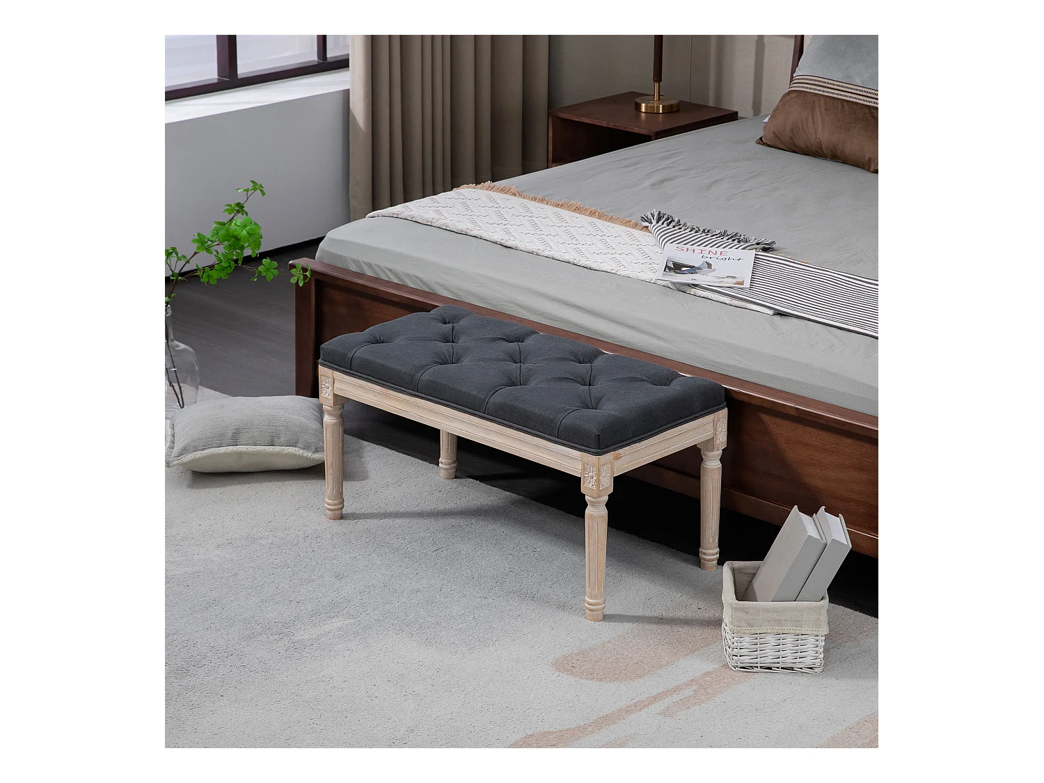 Banc vintage en lin, avec boutons décoratifs, pieds en bois, gris (80x40x43 cm)