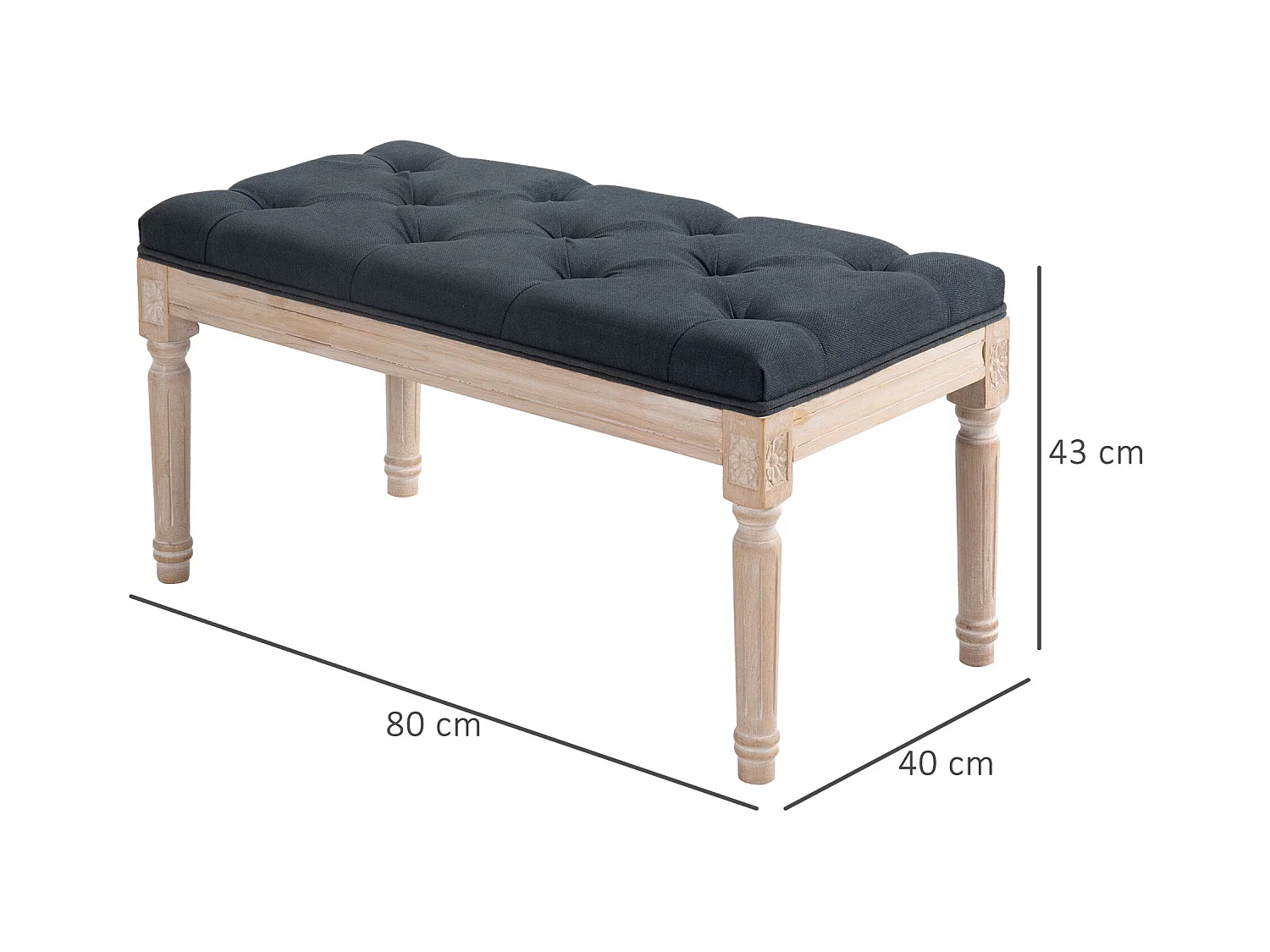Banc vintage en lin, avec boutons décoratifs, pieds en bois, gris (80x40x43 cm)