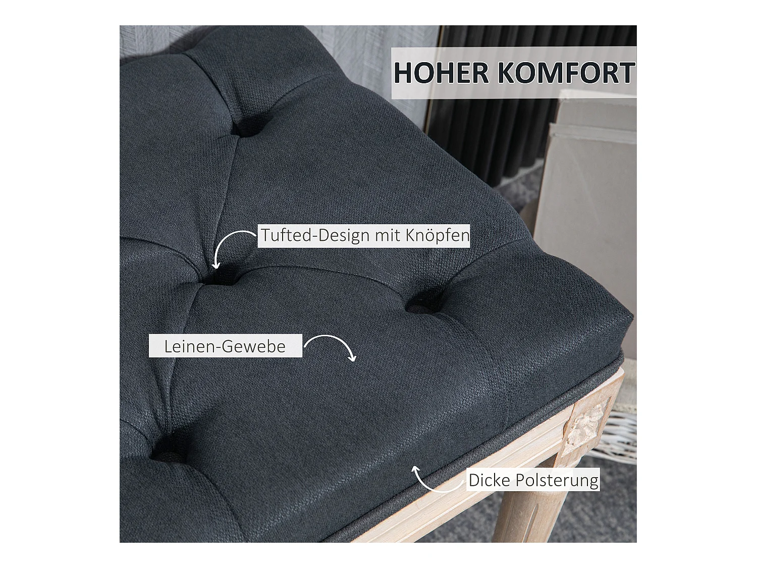 Banc vintage en lin, avec boutons décoratifs, pieds en bois, gris (80x40x43 cm)