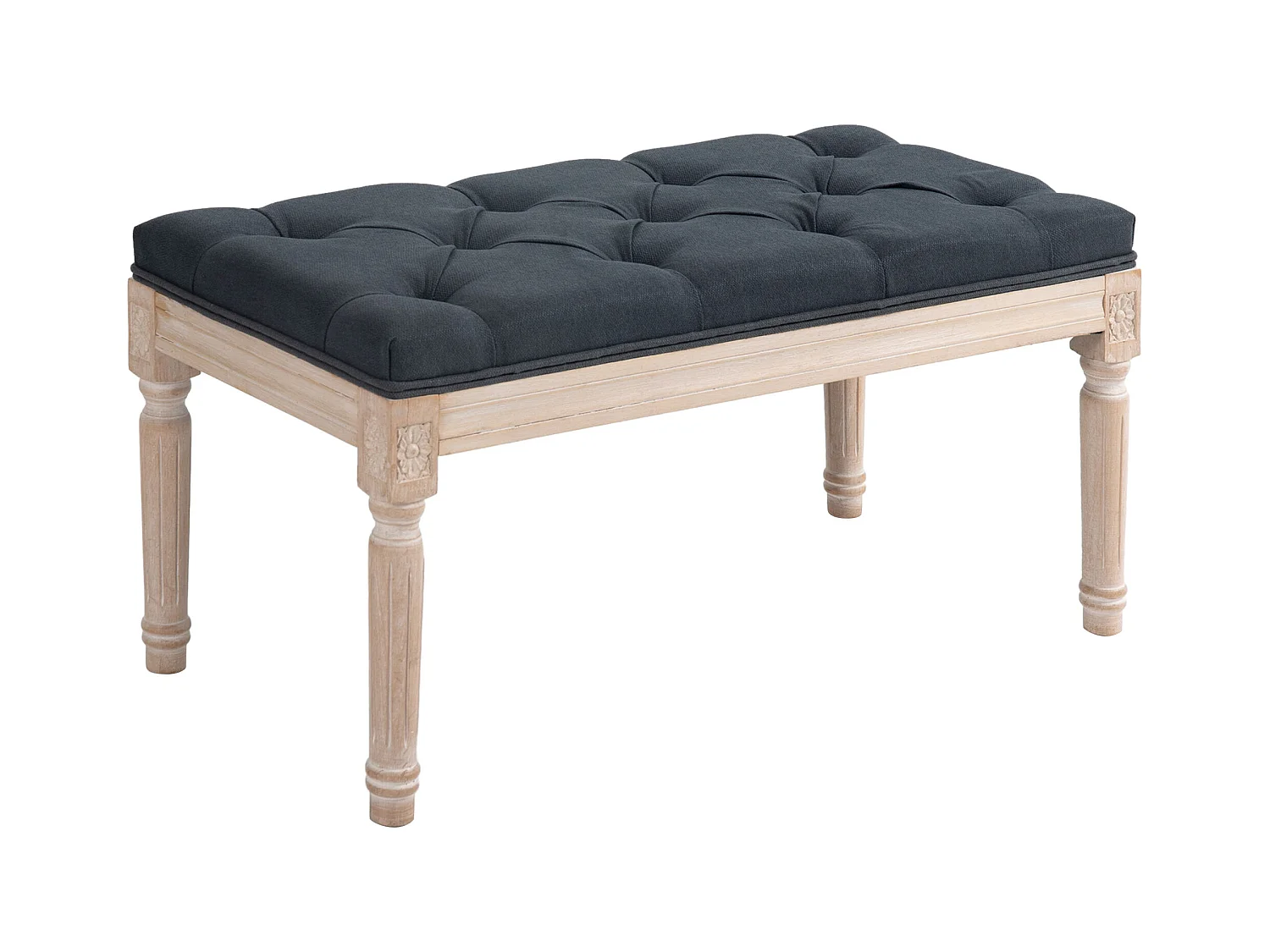 Banco vintage de lino con botones decorativos y patas de madera, gris (80x40x43 cm)