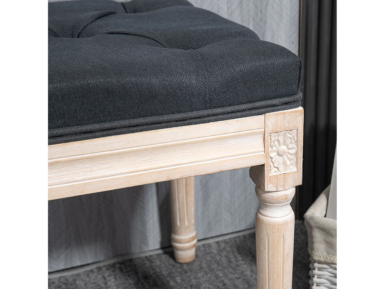 Banc vintage en lin, avec boutons décoratifs, pieds en bois, gris (80x40x43 cm)