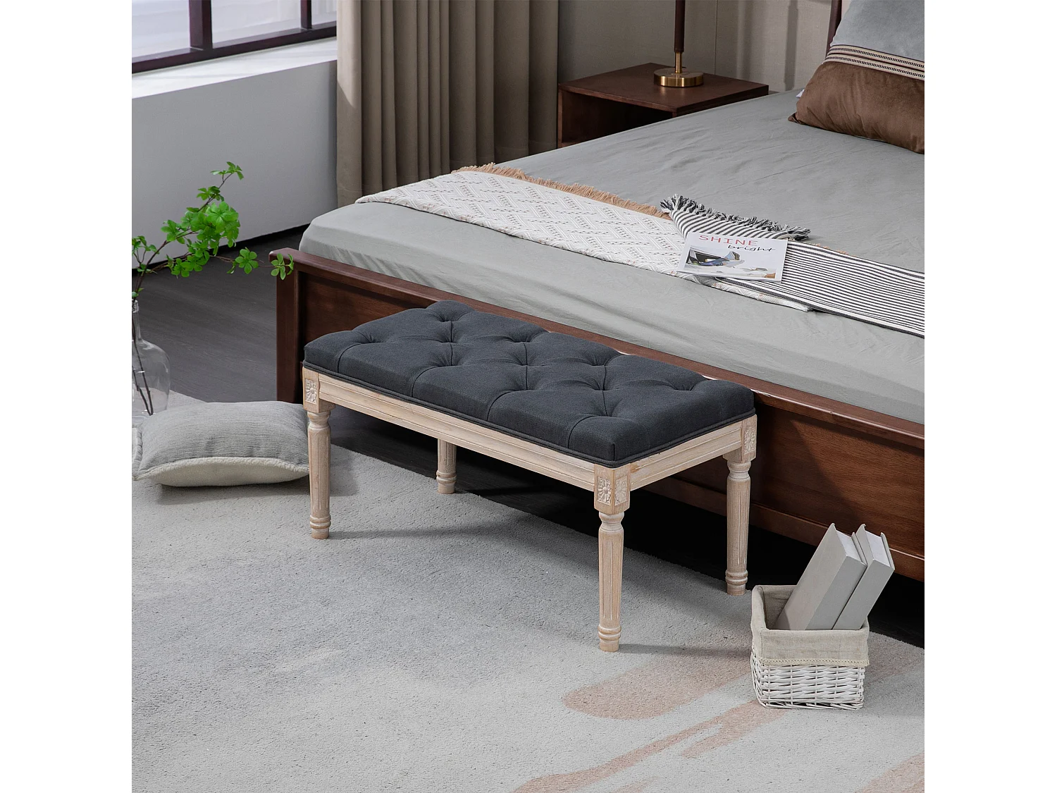 Vintage linnen bank met decoratieve knopen en houten poten, grijs (80x40x43 cm)