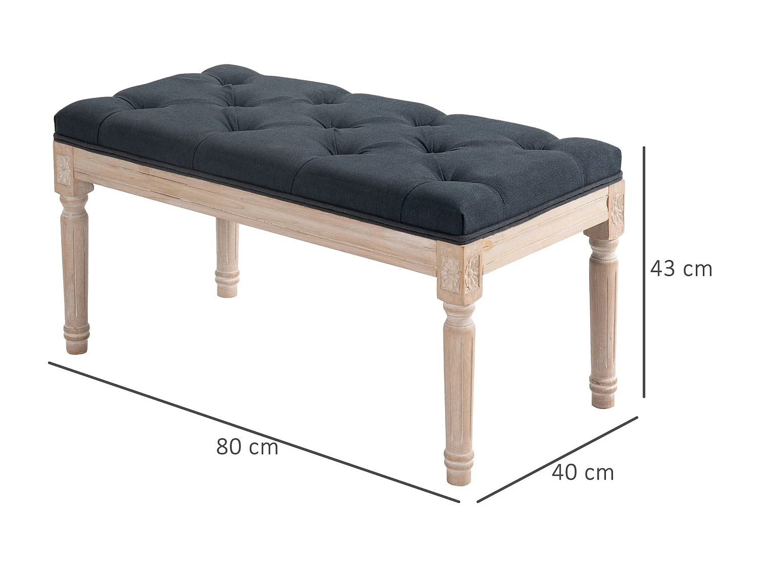 Vintage linnen bank met decoratieve knopen en houten poten, grijs (80x40x43 cm)