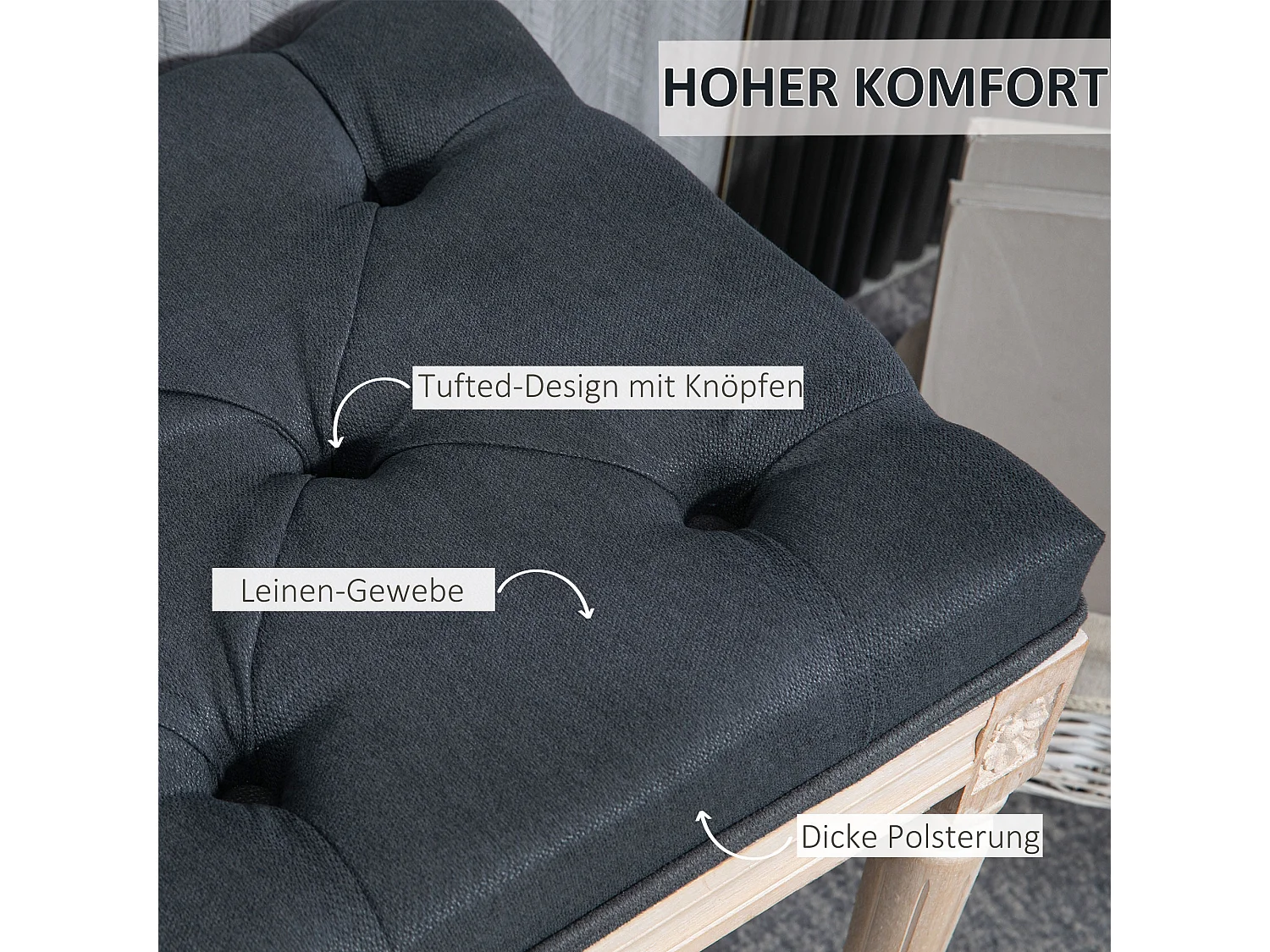 Vintage linnen bank met decoratieve knopen en houten poten, grijs (80x40x43 cm)