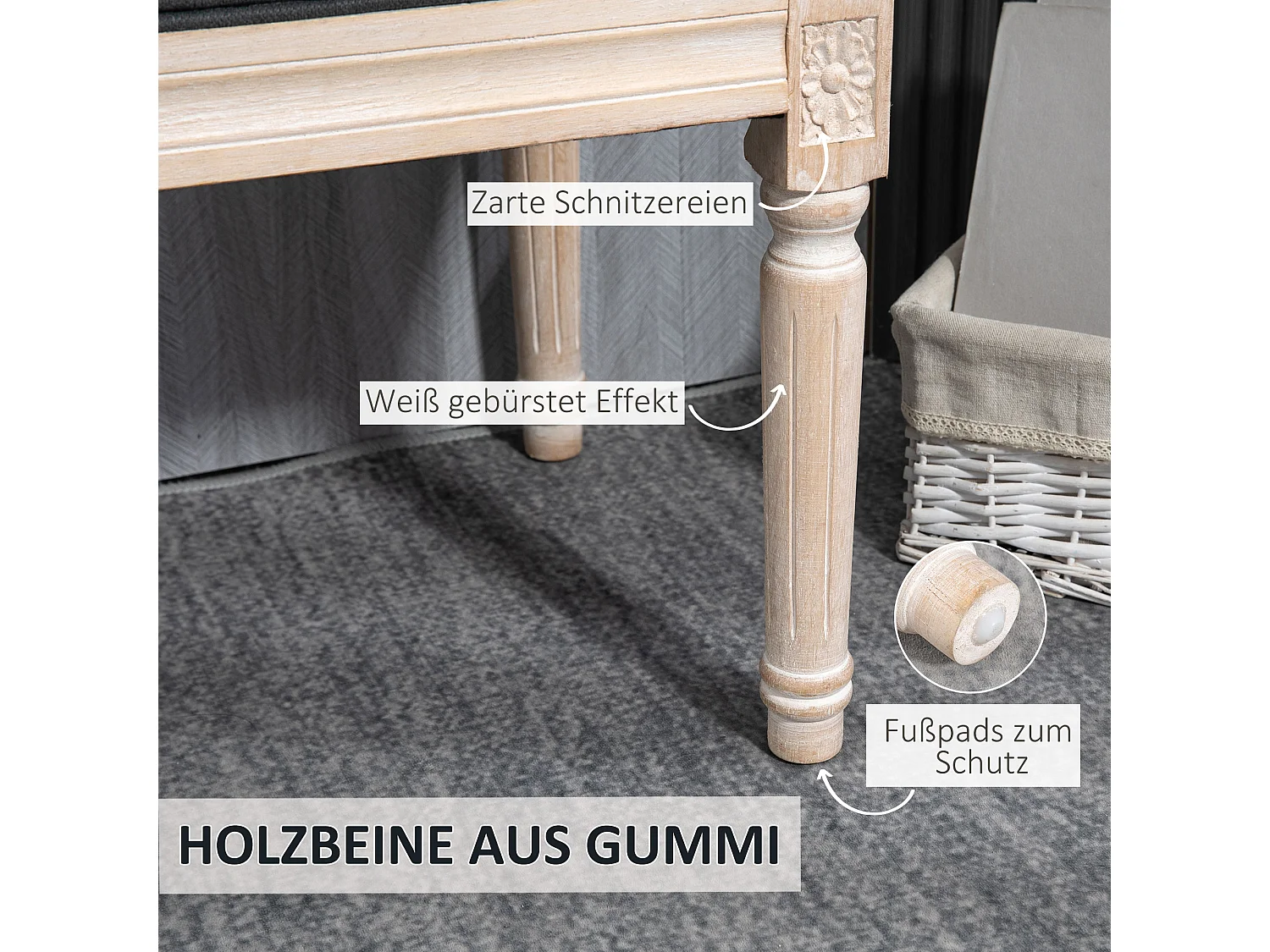 Vintage linnen bank met decoratieve knopen en houten poten, grijs (80x40x43 cm)