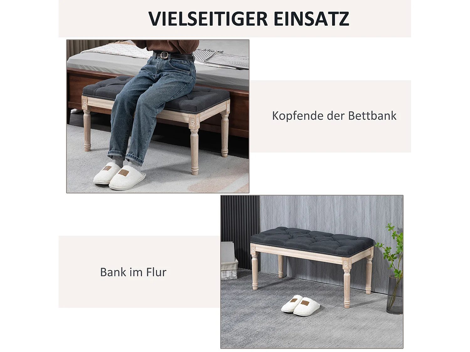 Vintage linnen bank met decoratieve knopen en houten poten, grijs (80x40x43 cm)