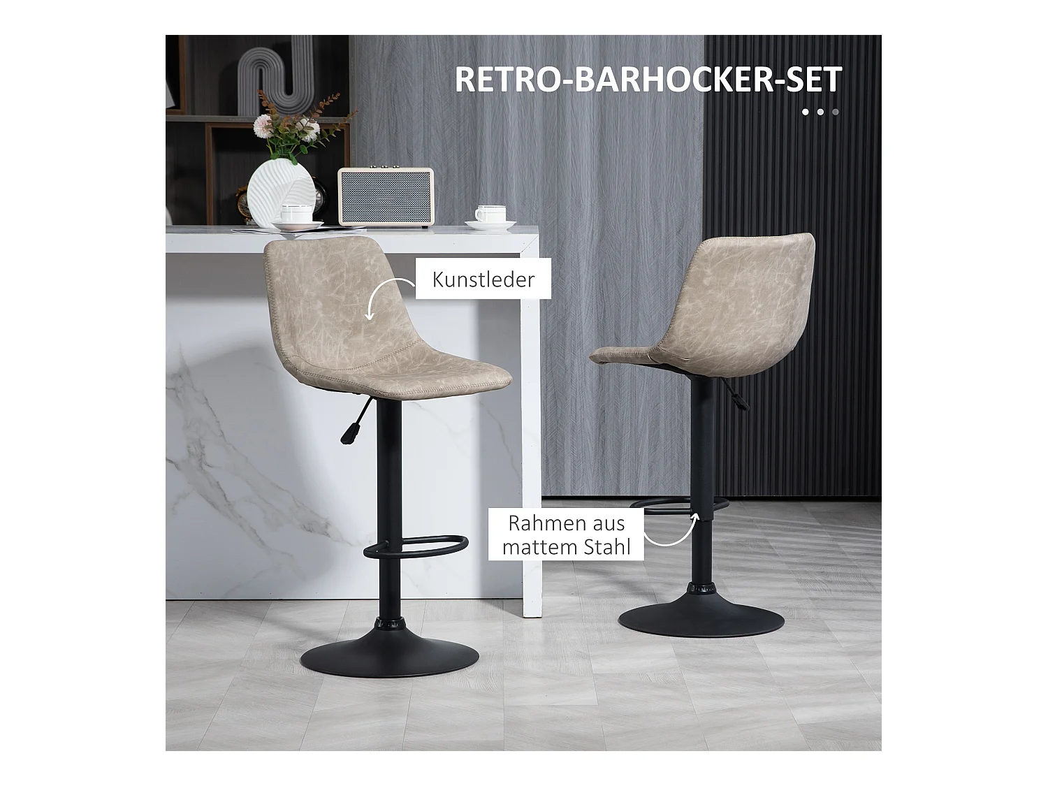 Ensemble de 2 tabourets de bar, siège pivotant, simili cuir beige, avec repose-pieds et réglage en hauteur (42x47.5x90.5-111.5 cm)