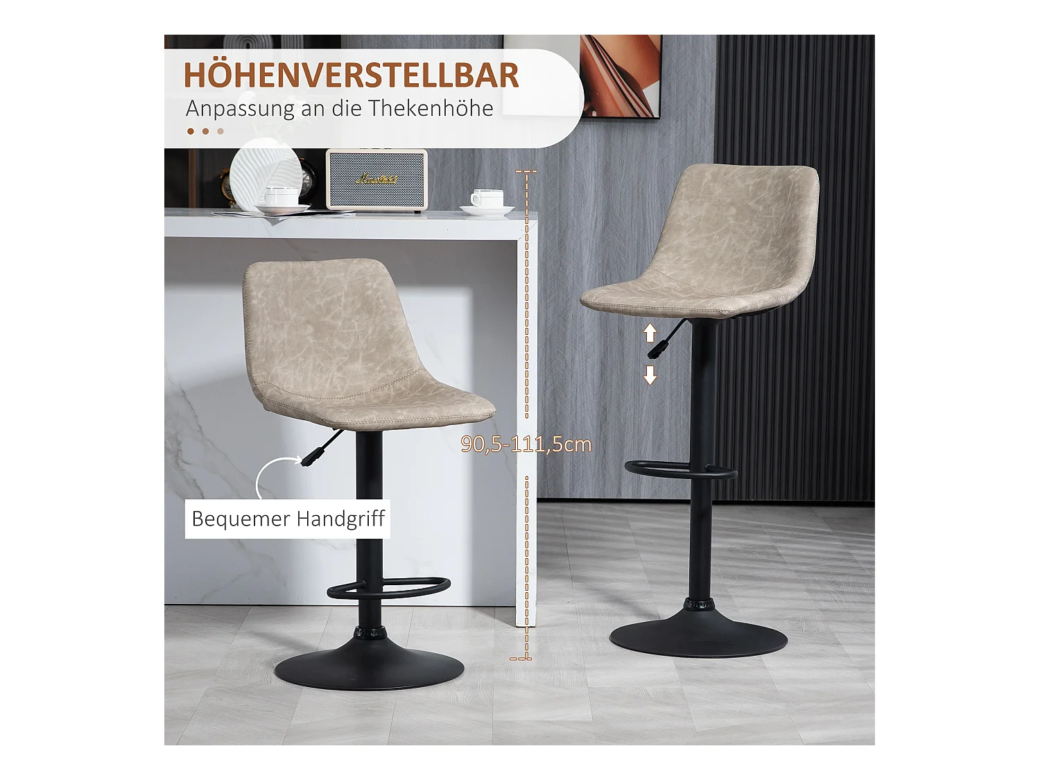 Ensemble de 2 tabourets de bar, siège pivotant, simili cuir beige, avec repose-pieds et réglage en hauteur (42x47.5x90.5-111.5 cm)