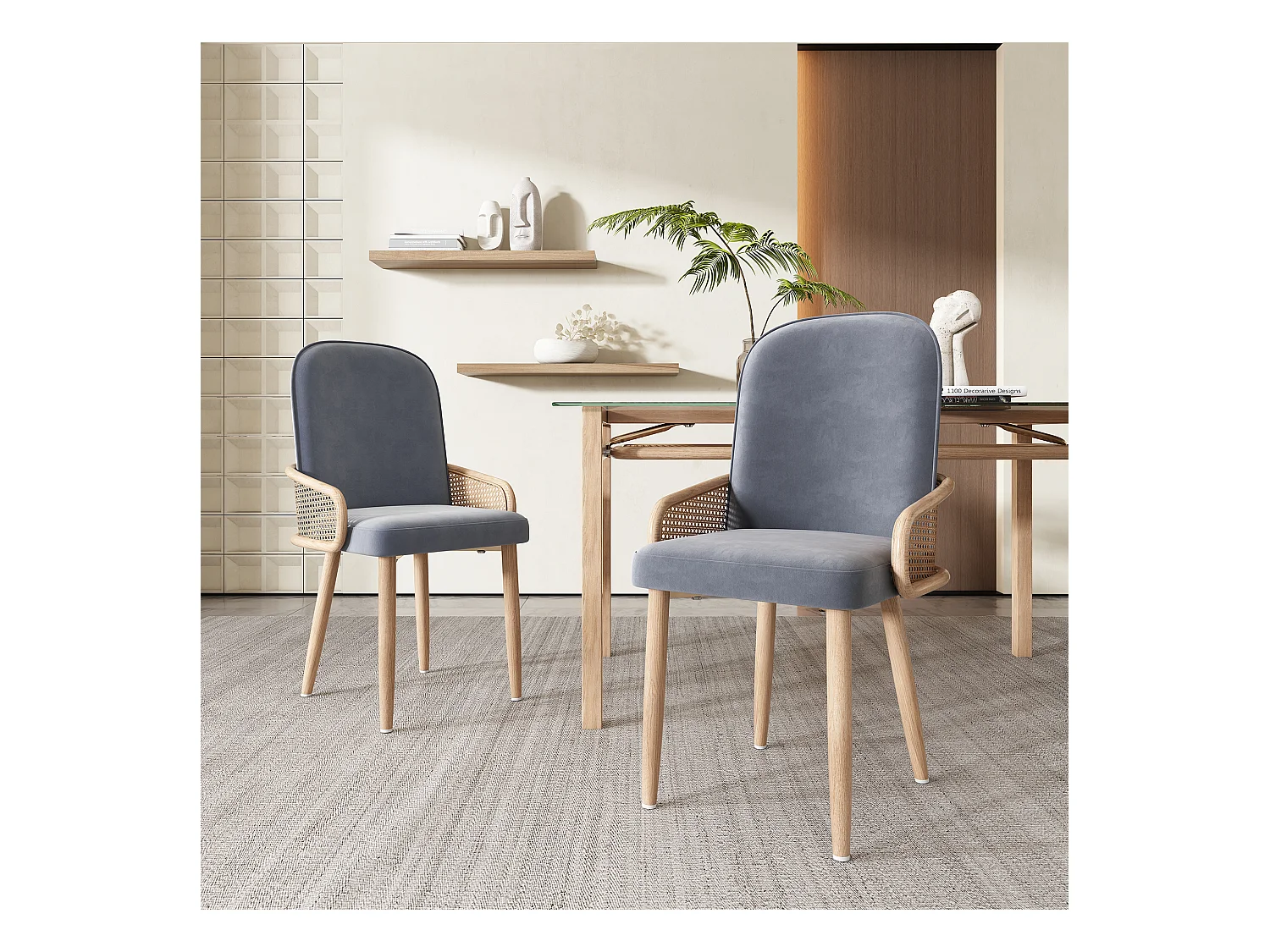 Sedia da pranzo in velluto, 2 pezzi, design in rattan, gambe in metallo effetto legno, grigio (61x59,5x52 cm)