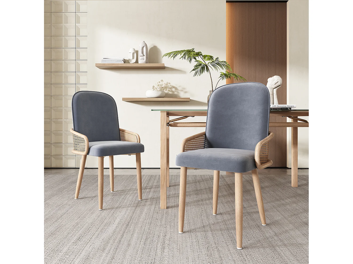 Chaise de salle à manger en velours, 2 pièces, design rattan, pieds métalliques effet bois, gris (61x59.5x52 cm)