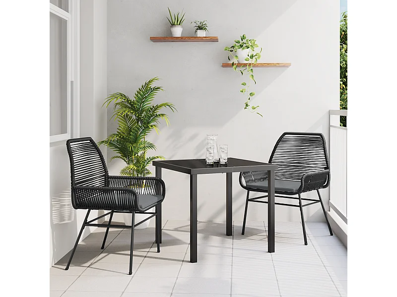Set da pranzo da giardino 3 pezzi con cuscini in polyrattan nero