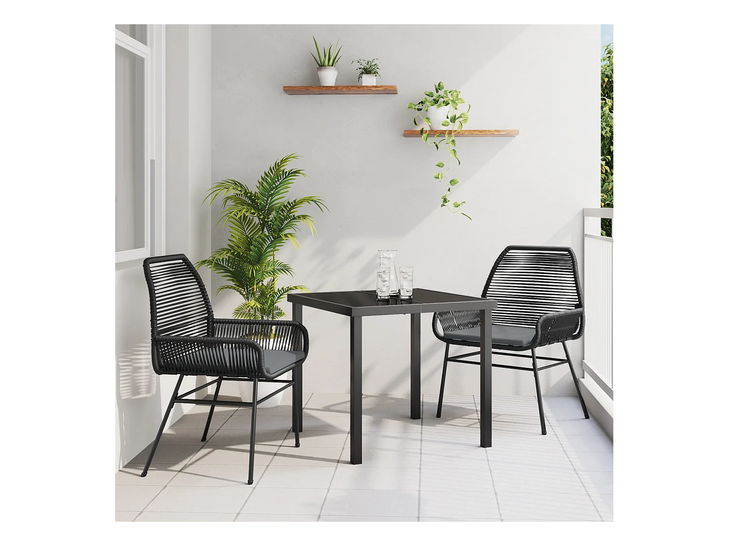 Set da pranzo da giardino 3 pezzi con cuscini in polyrattan nero