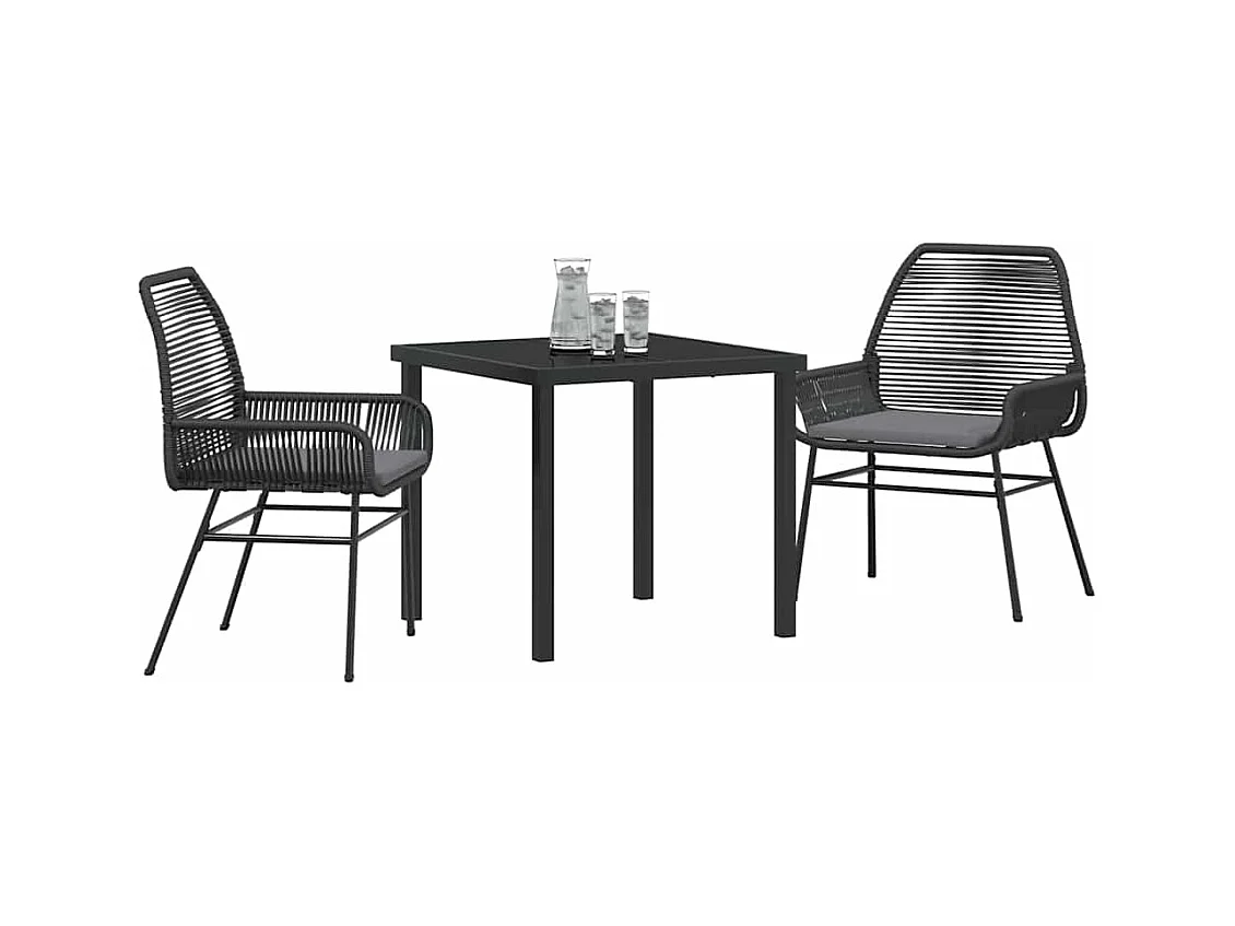 Set da pranzo da giardino 3 pezzi con cuscini in polyrattan nero