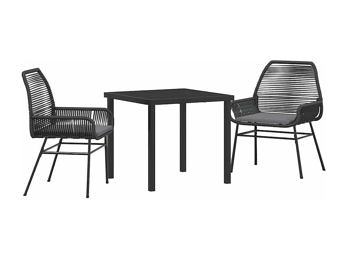 Ensemble de repas de jardin de 3 pièces avec coussins en rattan poly noir