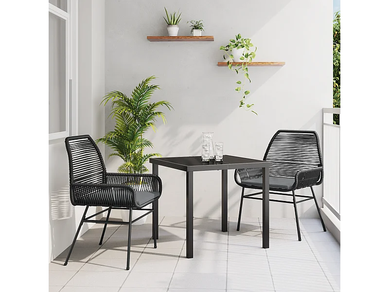 Ensemble de repas de jardin de 3 pièces avec coussins en rattan poly noir
