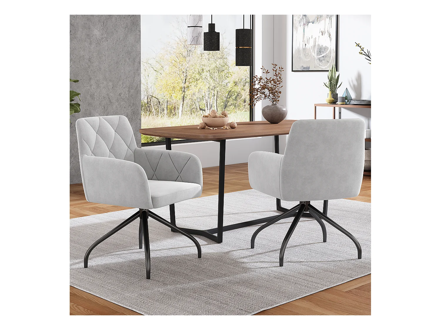 Chaises Pivotantes 360°, Velours, 4 Pieds Métalliques, Dossier Losange, Gris