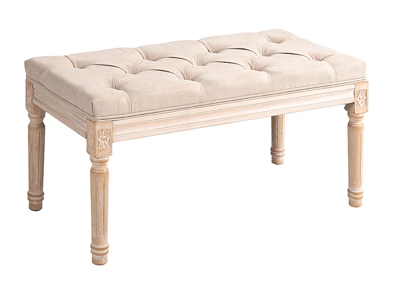 Banc rembourré style vintage, tissu effet lin, boutons capitonnés, bois caoutchouc beige (80x40x43cm)