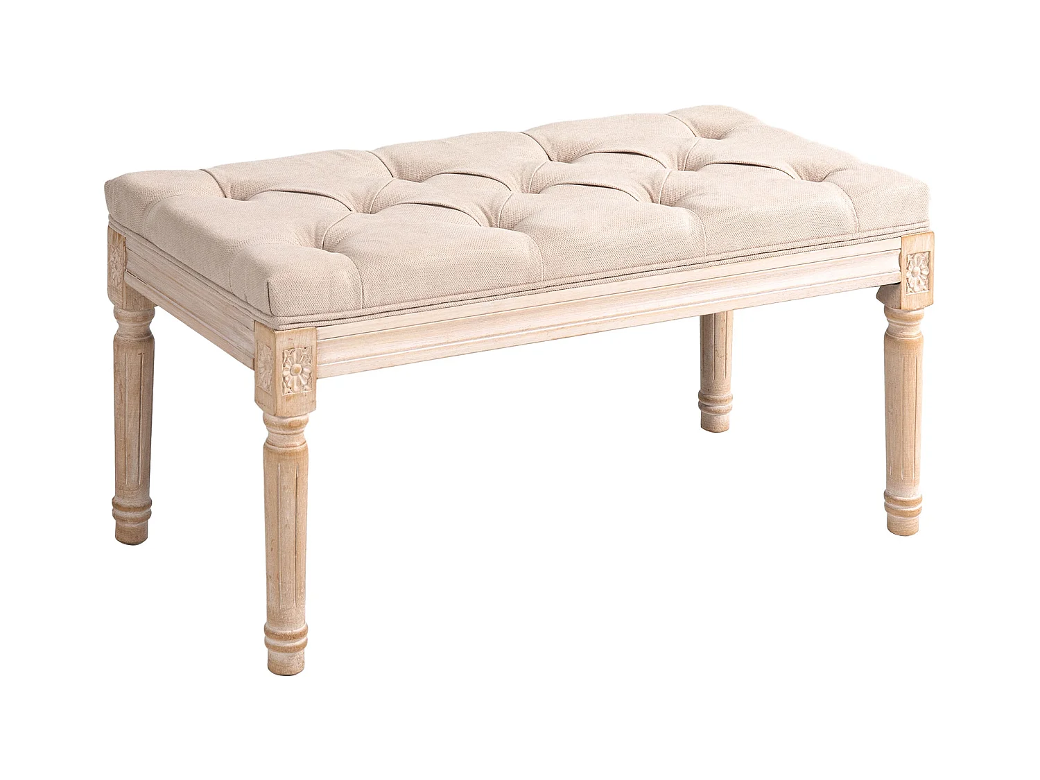 Banc rembourré style vintage, tissu effet lin, boutons capitonnés, bois caoutchouc beige (80x40x43cm)