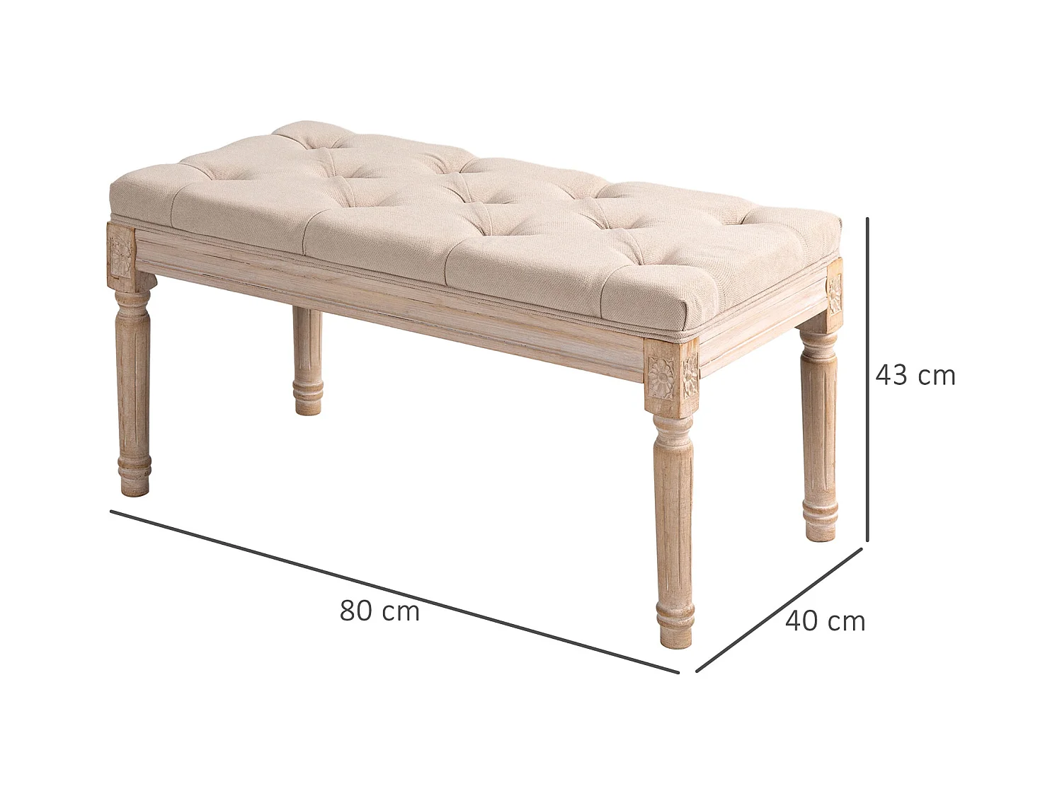 Banc rembourré style vintage, tissu effet lin, boutons capitonnés, bois caoutchouc beige (80x40x43cm)