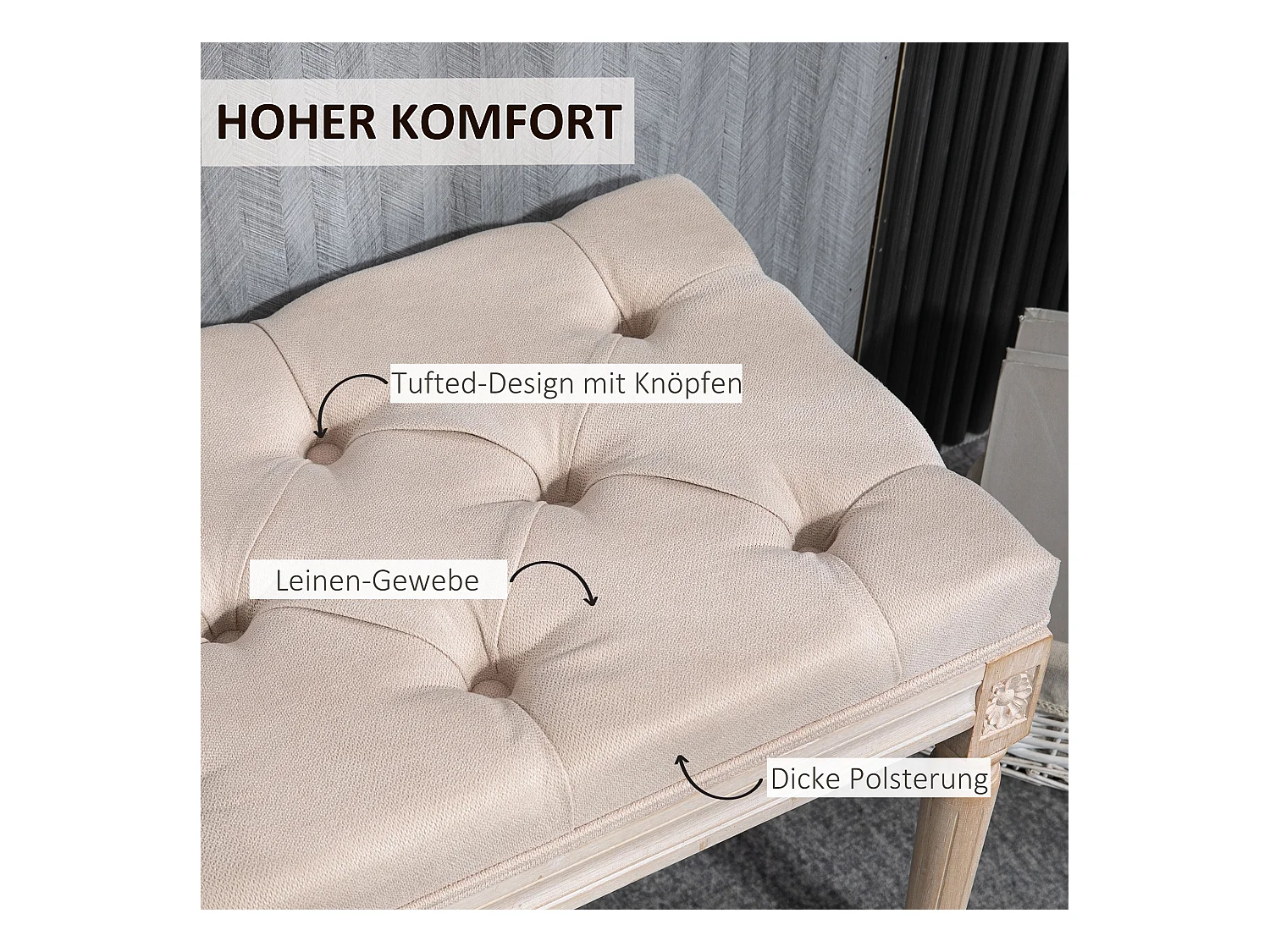 Banc rembourré style vintage, tissu effet lin, boutons capitonnés, bois caoutchouc beige (80x40x43cm)