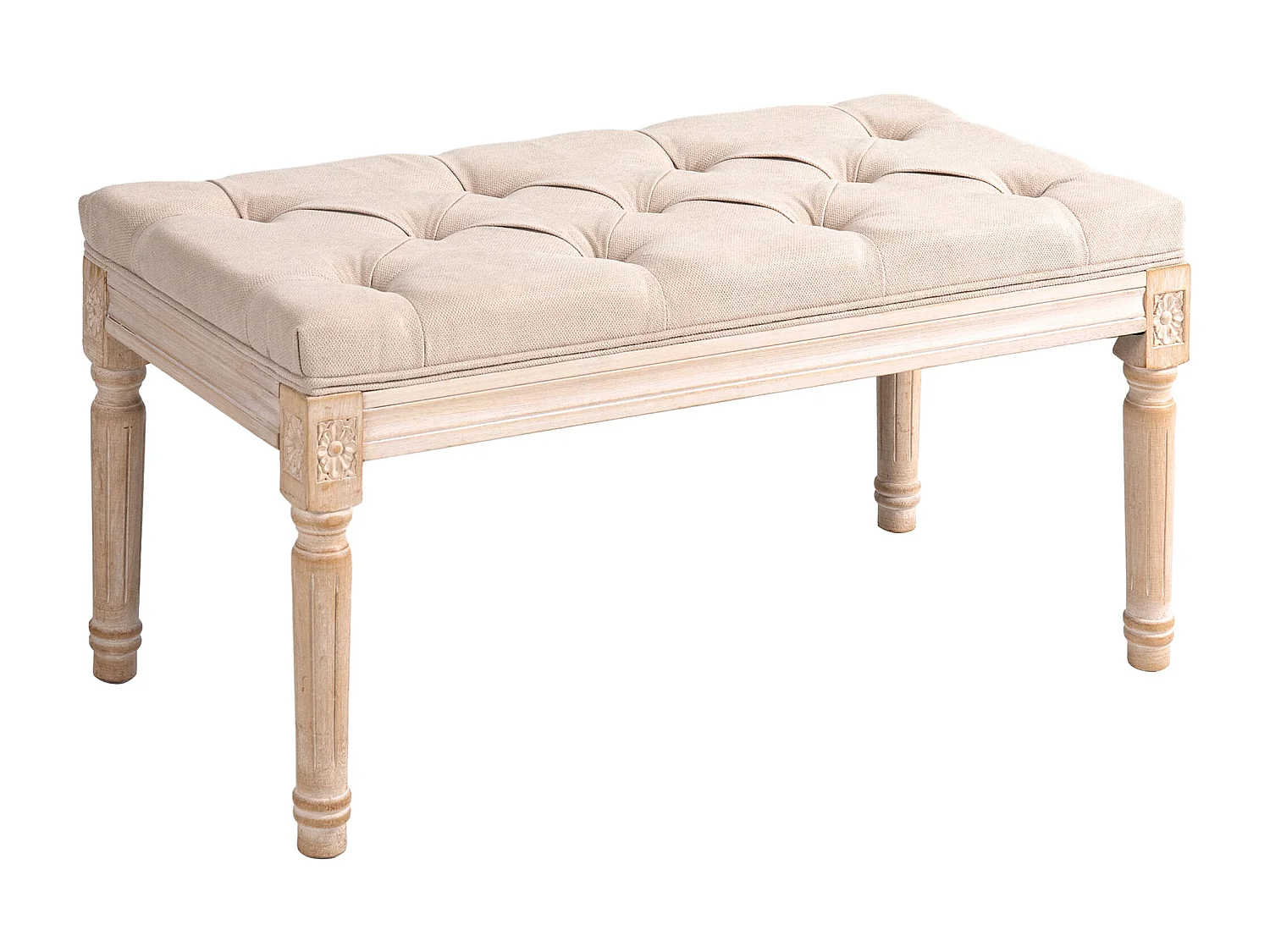 Banc rembourré style vintage, tissu effet lin, boutons capitonnés, bois caoutchouc beige (80x40x43cm)