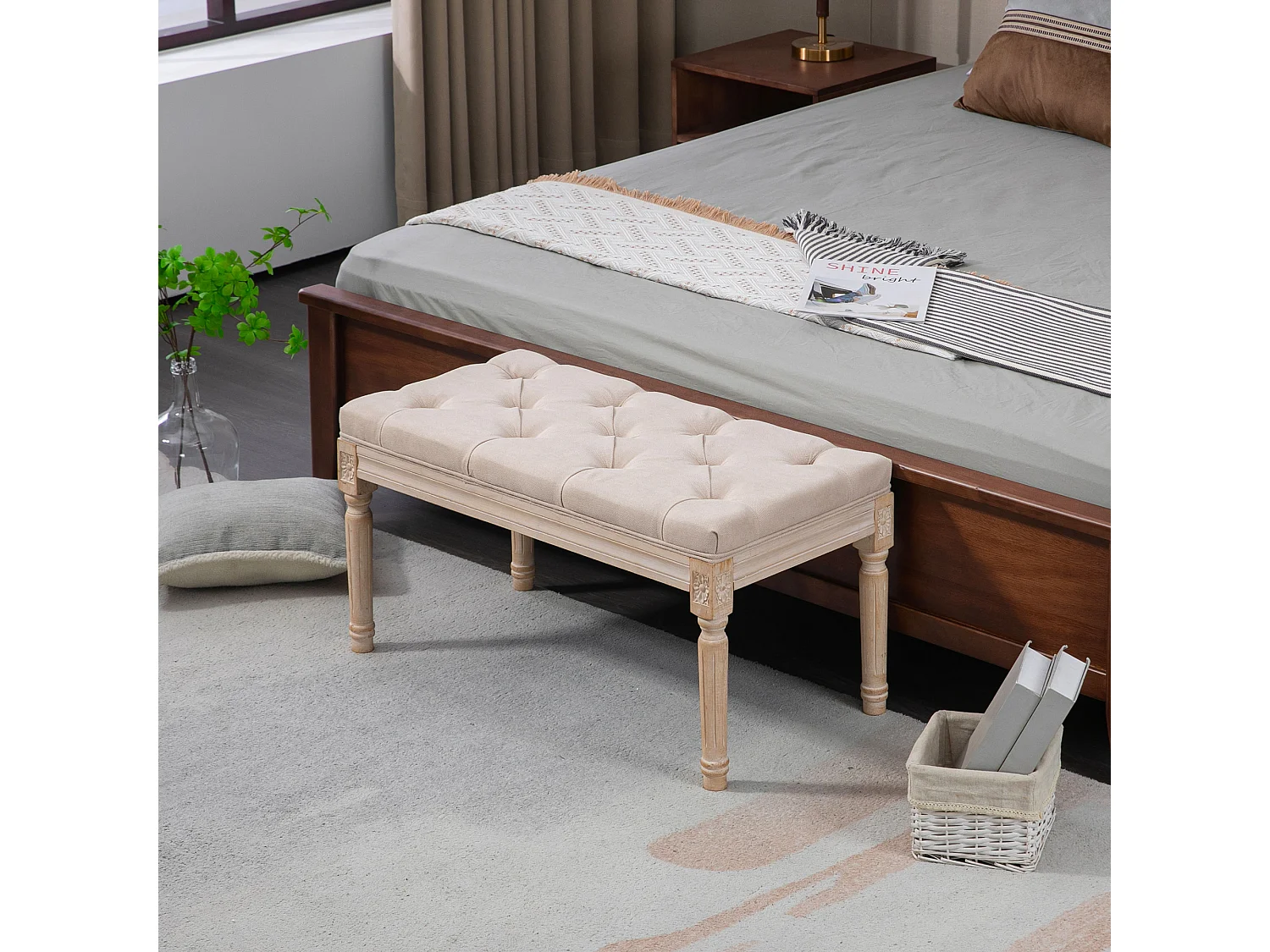 Banc rembourré style vintage, tissu effet lin, boutons capitonnés, bois caoutchouc beige (80x40x43cm)