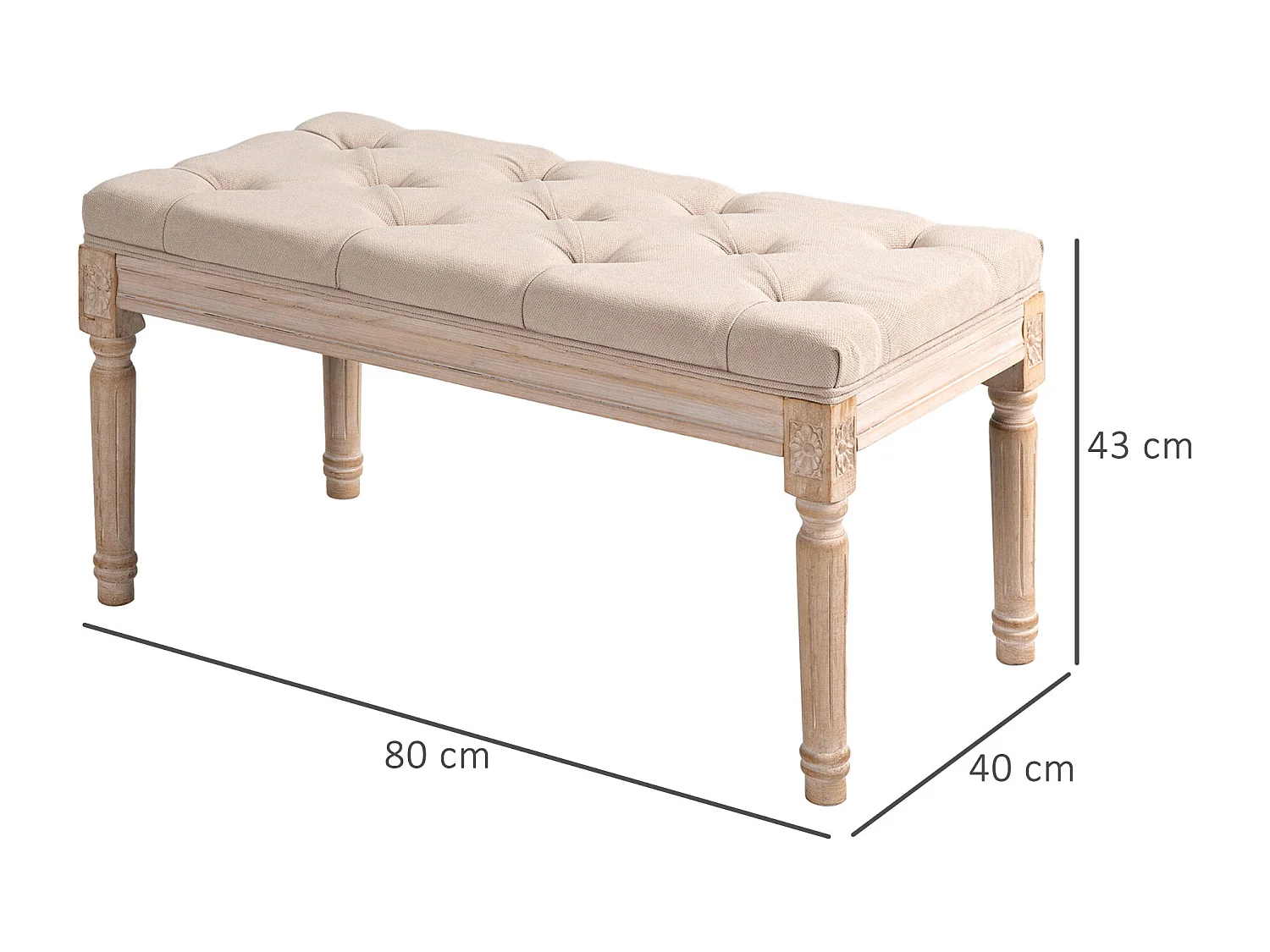 Banc rembourré style vintage, tissu effet lin, boutons capitonnés, bois caoutchouc beige (80x40x43cm)