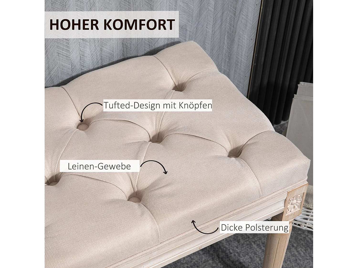 Banc rembourré style vintage, tissu effet lin, boutons capitonnés, bois caoutchouc beige (80x40x43cm)