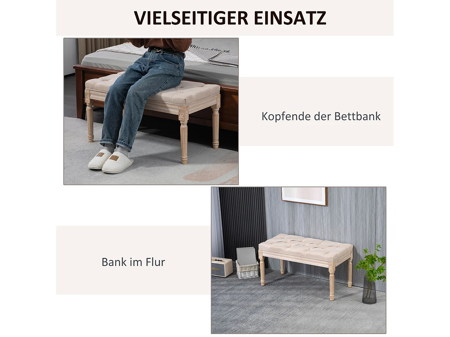 Banc rembourré style vintage, tissu effet lin, boutons capitonnés, bois caoutchouc beige (80x40x43cm)