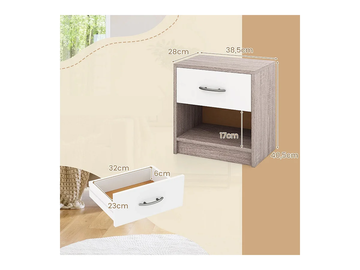 Table de Chevet avec Étagère de Rangement Ouverte Table Compacte Gris Clair & Blanc