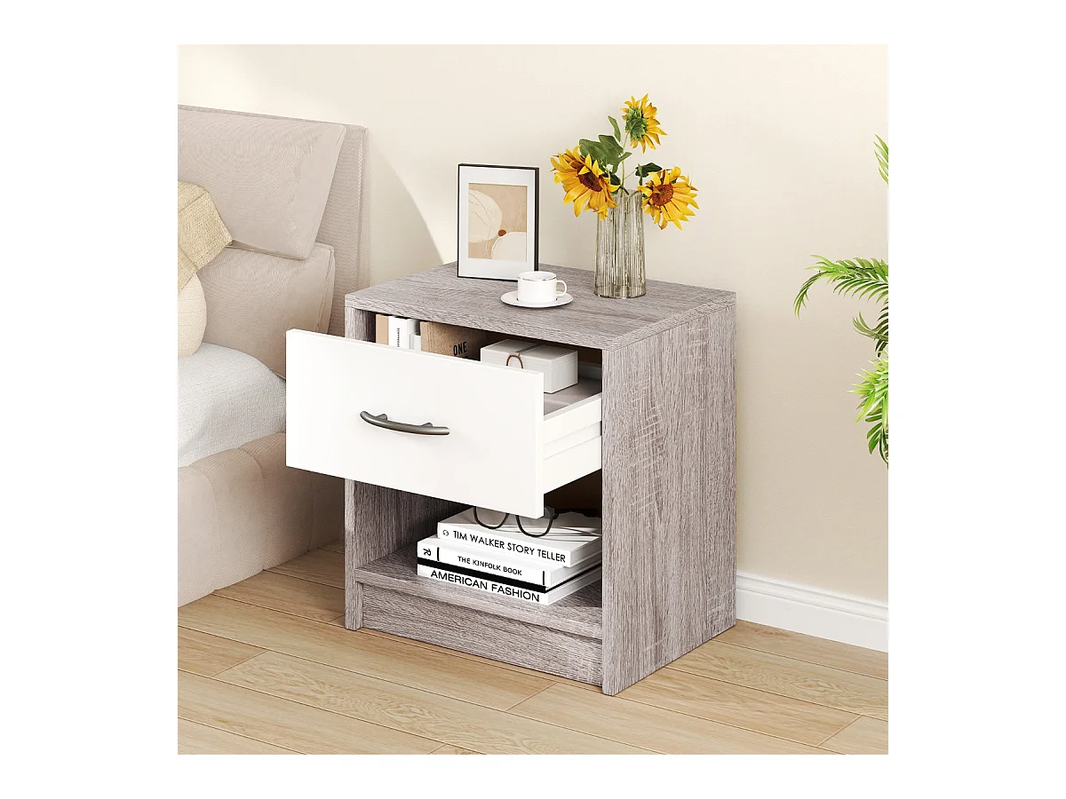 Table de Chevet avec Étagère de Rangement Ouverte Table Compacte Gris Clair & Blanc