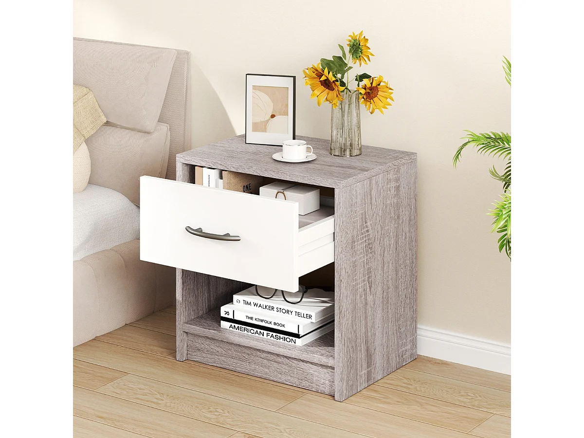Comodino con cassetto ripiano apertoper soggiorno camera da letto, Tavolino da notte compatto per piccoli spazi Grigio chiaro
