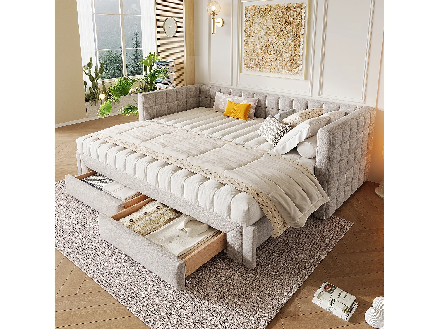 Sofá cama de 90x200 cm, cabecero cuadrado, cama extensible (hasta 180 Queensize), 2 cajones, terciopelo, beige (219,5x183x74 cm)