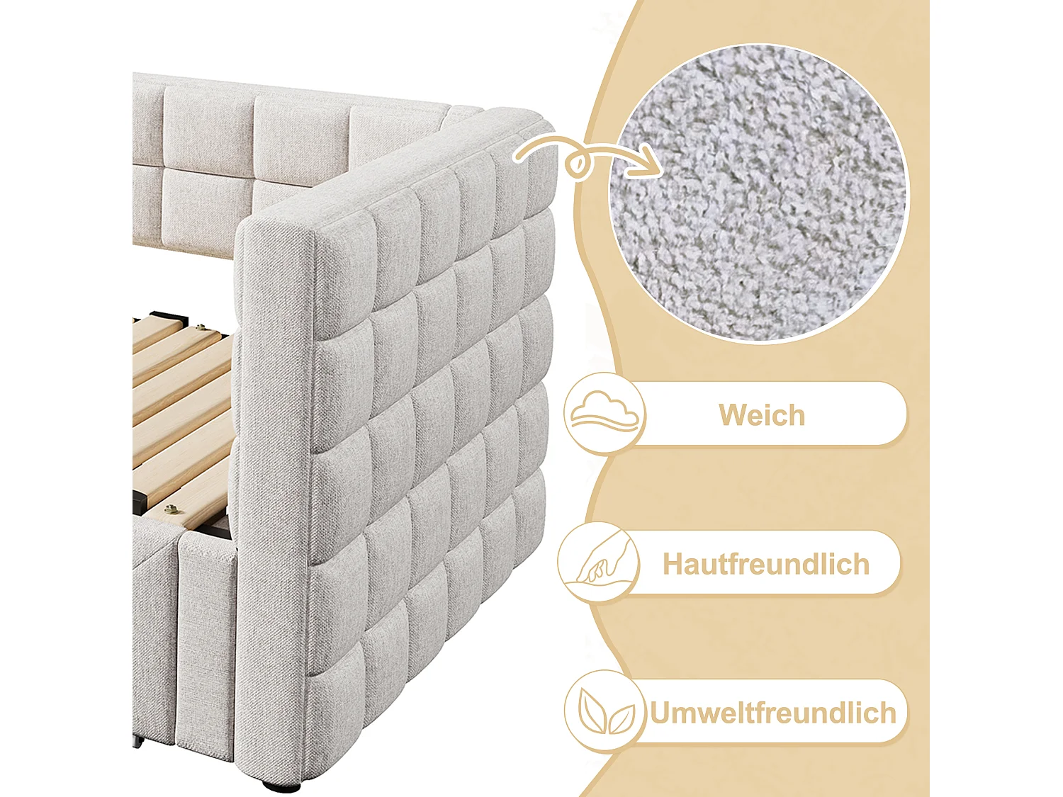 Sofá cama de 90x200 cm, cabecero cuadrado, cama extensible (hasta 180 Queensize), 2 cajones, terciopelo, beige (219,5x183x74 cm)